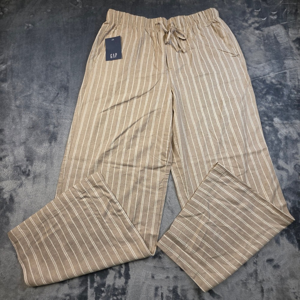 GAP Women Tan White Striped Pull-On Linen Wide Leg Pants Drawstring Medium NEW